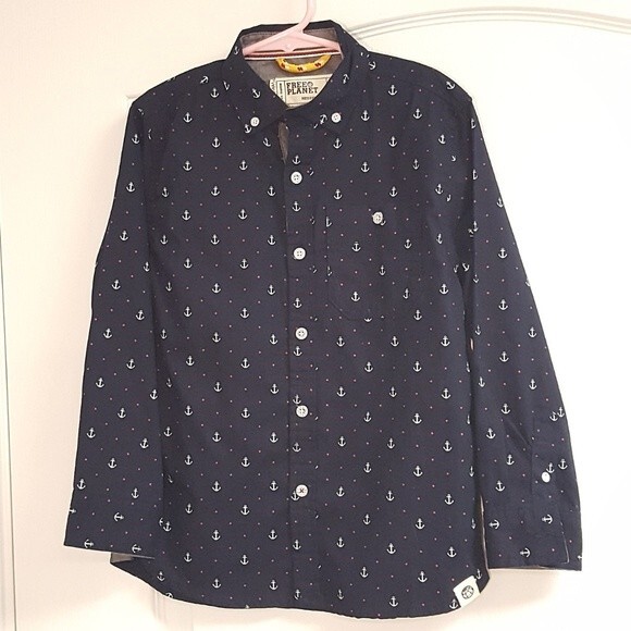 Free Planet Blue Anchor Print Button Up Shirt - Picture 1 of 4